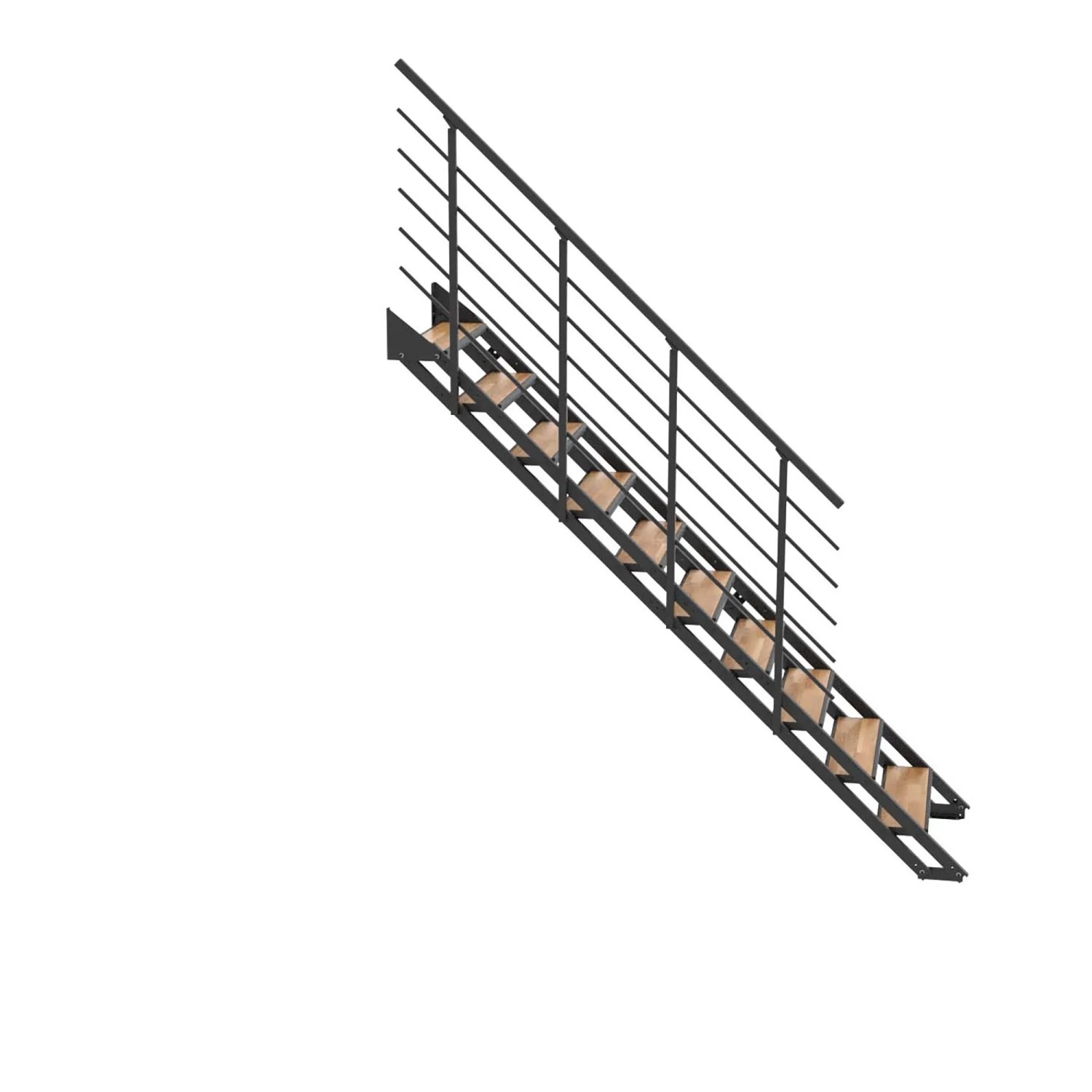 Minka Raumspartreppe Flex Hybrid, schwarz pulverbeschichtet, 10 Stufen in Eichen-Optik. Moderne Metalltreppe für Innenräume.