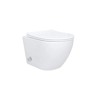 Weißes, spülrandloses Belvit Wand-WC Dusch-WC Komplettset mit Bidet und Taharet Armatur.