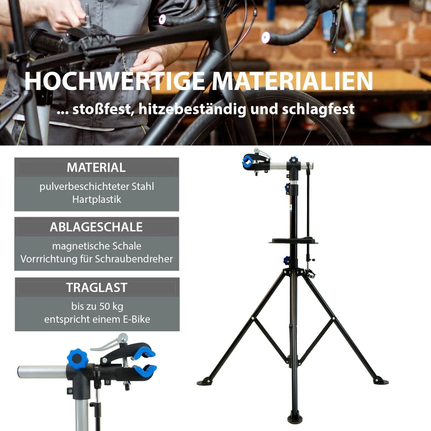 TRUTZHOLM Fahrradmontageständer, höhenverstellbar, mit Werkzeugablage. Ideal für Fahrradpflege und Reparatur.