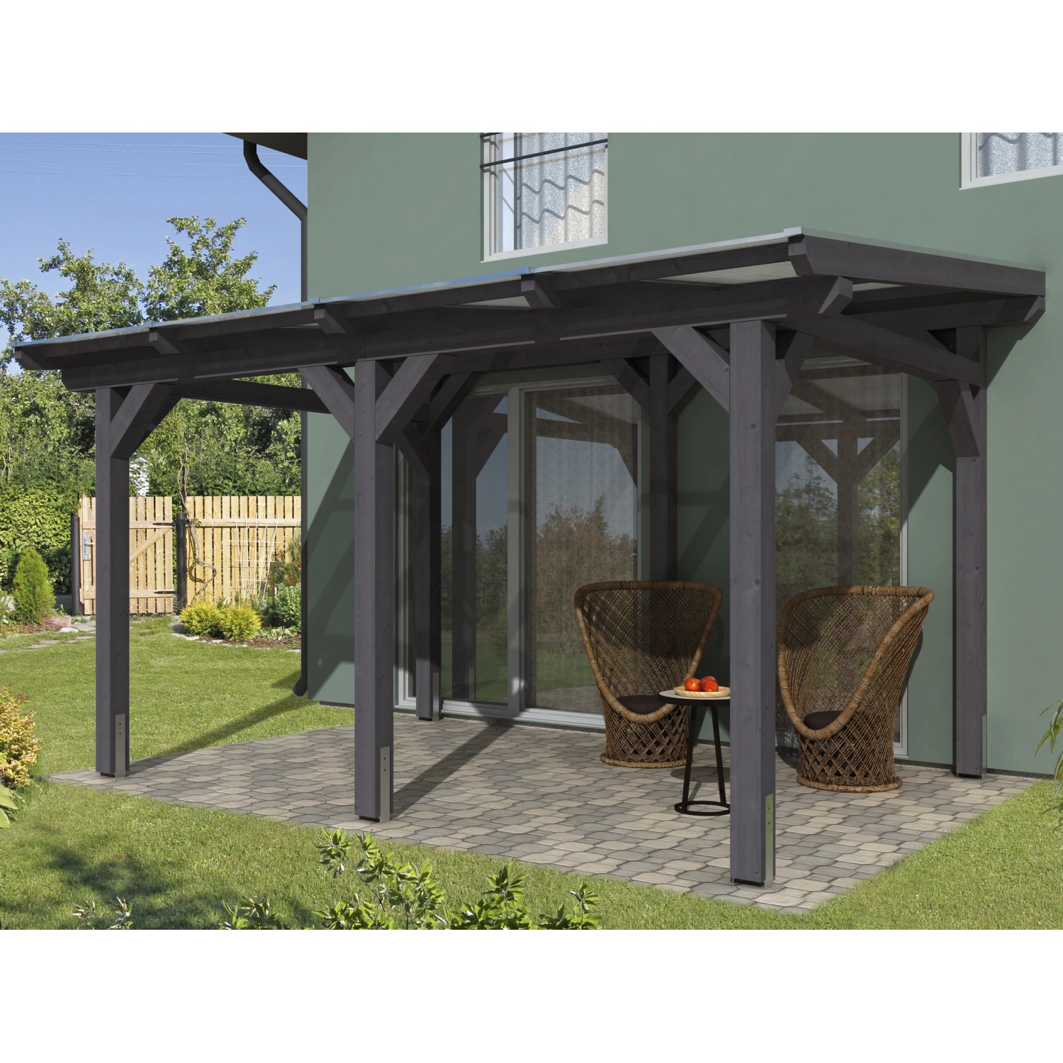 Skan Holz Terrassenüberdachung Siena 434 x 250 cm Leimholz Schiefergrau