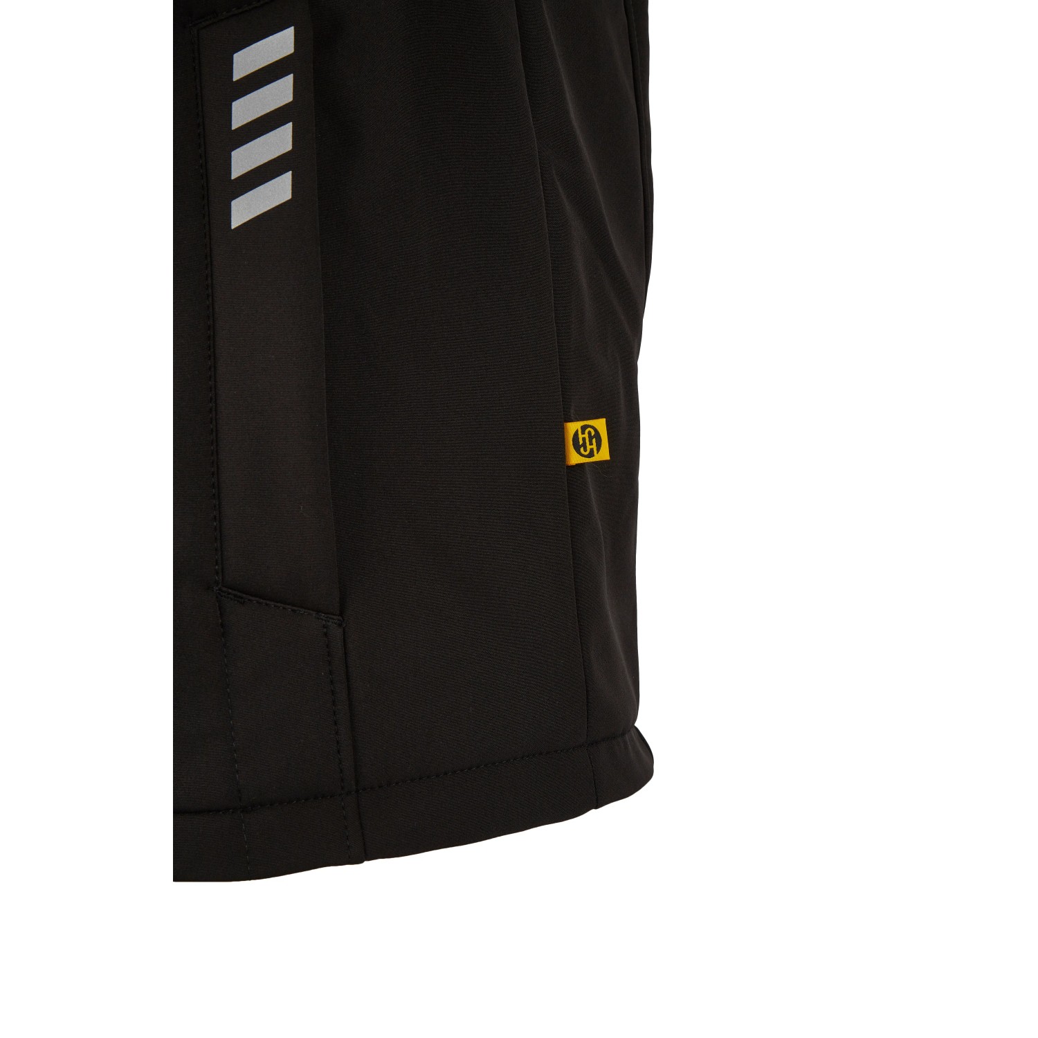 Detailansicht: Schwarze Hans Schäfer Wintersoftshelljacke, Arbeitskleidung mit Reflektoren.