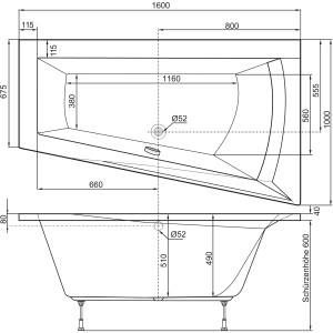 Technische Zeichnung: Ottofond Whirlpool Galia I, 160x100 cm, Maße und Ansichten der Whirlpool-Badewanne.