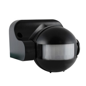 Schwarzer 180° Bewegungsmelder für Aussen, zur automatischen Lichtsteuerung.