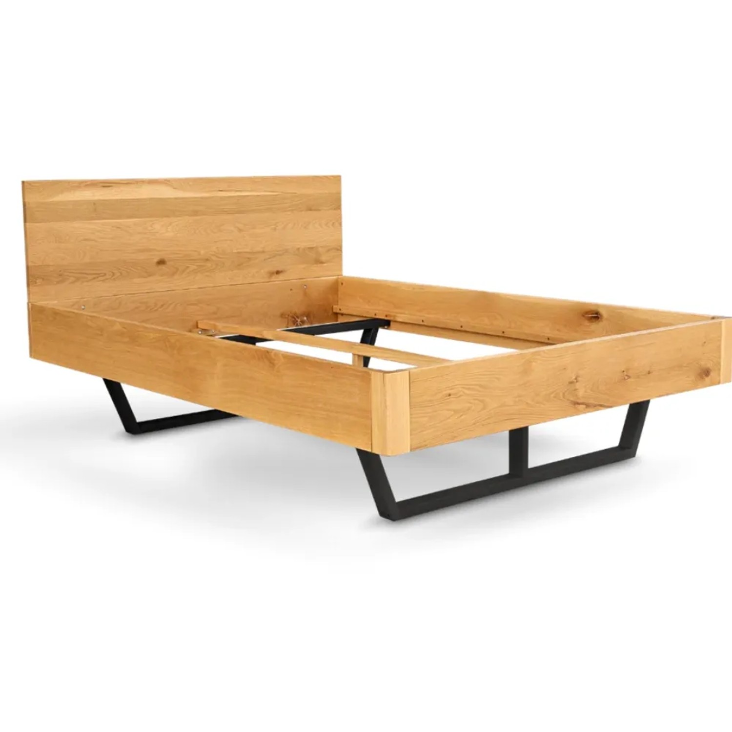 DELUKE Massivholzbett 160x200cm KEILO Eichenholz Bettrahmen mit Bettkopf Holzbett Naturgeölt Metallkufen Bettgestell Doppelbett Futonbett
