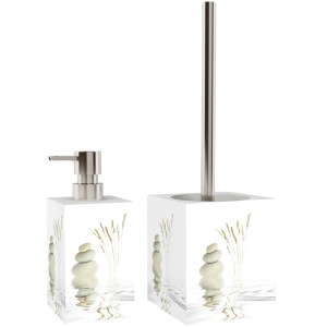 Sanilo Bad Set Balance: Seifenspender und WC-Bürste mit Stein-Motiv.