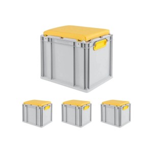SparSet: 4 graue Euroboxen mit gelbem Sitzkissen, 30 Liter, mit Griffen. Ideal als Sitz- und Transportbox.