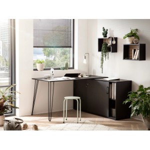 Wandregal Zebra mit Akustikpaneel in Eiche & Schwarz, 30x40x16cm, als Würfelregal im Büro.