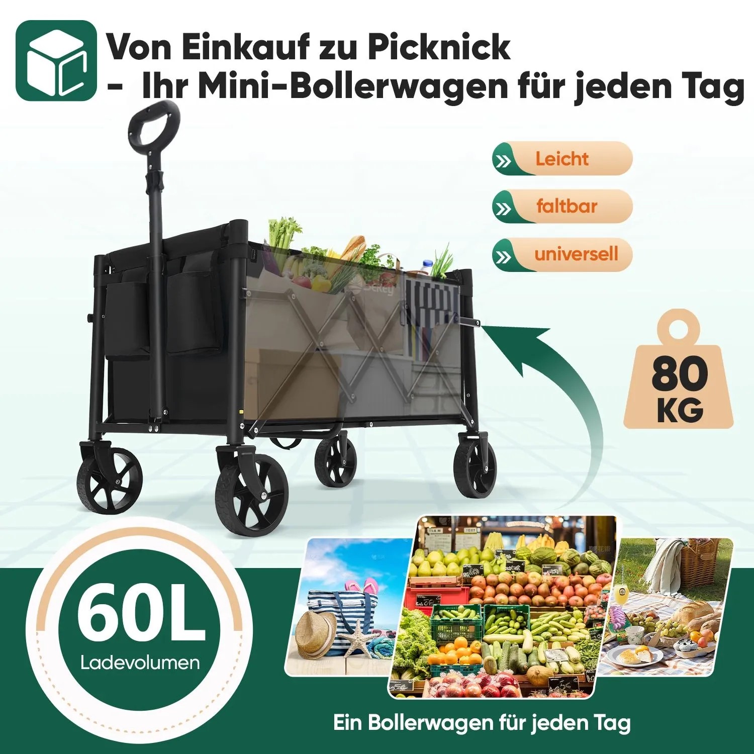 Schwarzer Sekey Bollerwagen, faltbar, 60L Volumen, 80kg Tragkraft. Ideal für Einkauf, Camping & Picknick.
