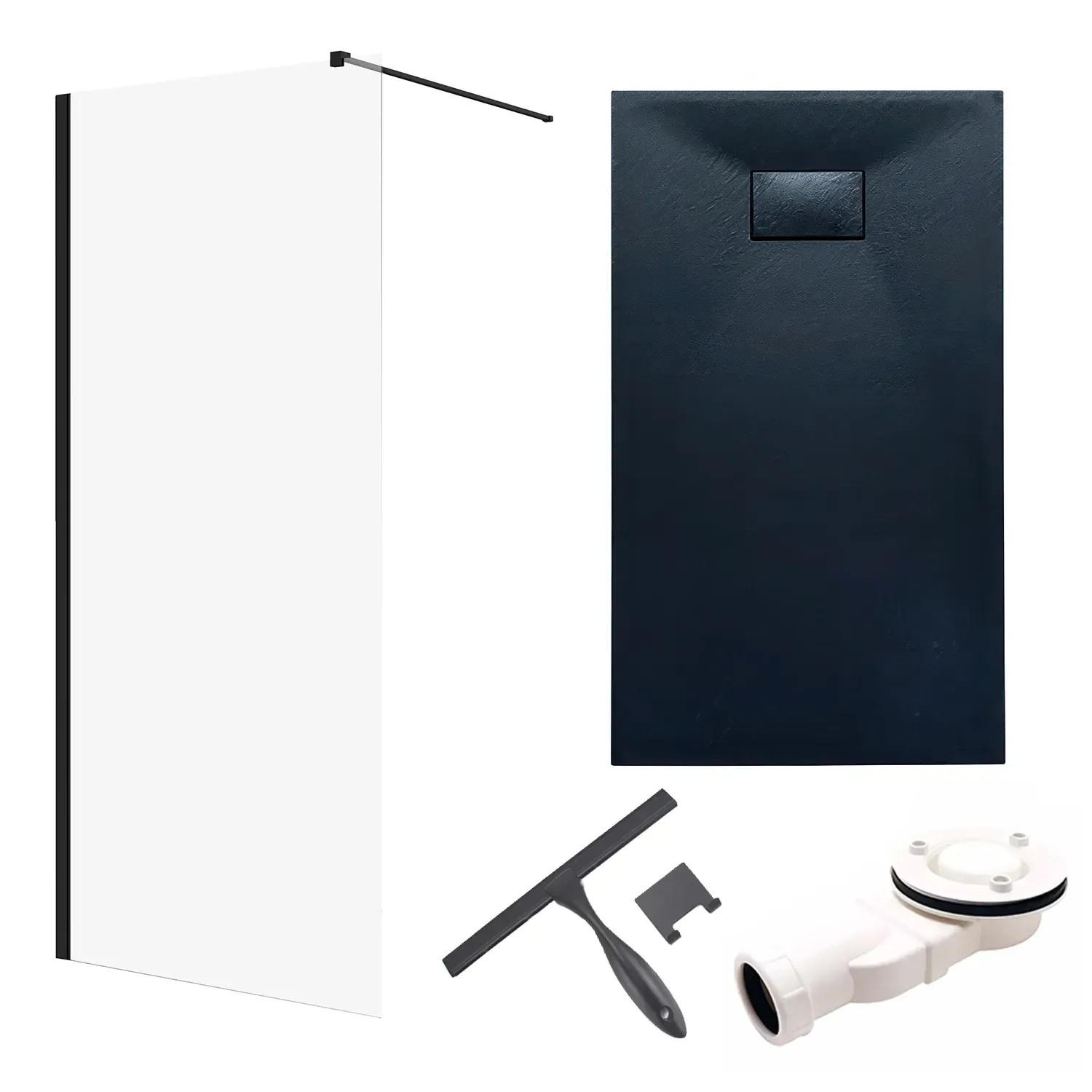 Bad Land SET Duschwanne VIDAR 90x150 Rechteck Schwarz + Walk-In Dusche KETIL Schwarz 140x195 Transparentes Glas + Glaswischer