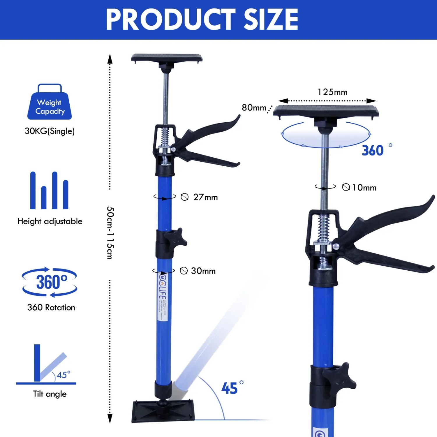 CCLIFE Deckenstütze 2er-Set, 50-115cm, bis 30kg belastbar. Montagestütze für Gerüstbau und Innenausbau.