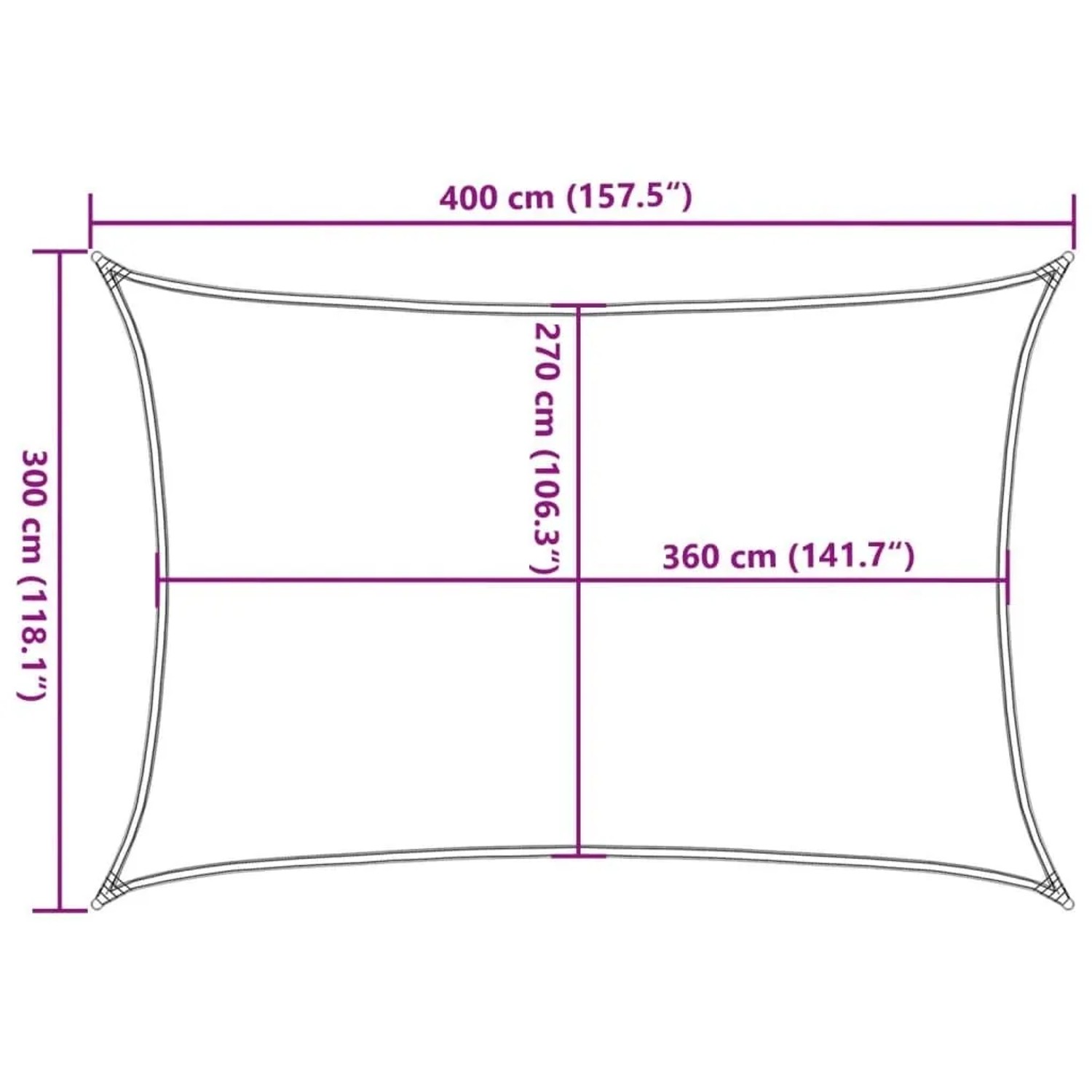Maßskizze des rechteckigen vidaXL Sonnensegels 3x4 m, sandfarben. Zeigt Abmessungen 400x300 cm.