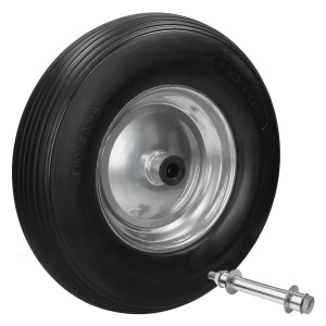 Schwarzes ECD Germany Schubkarrenrad Vollgummi mit Achse, 390 mm Durchmesser.