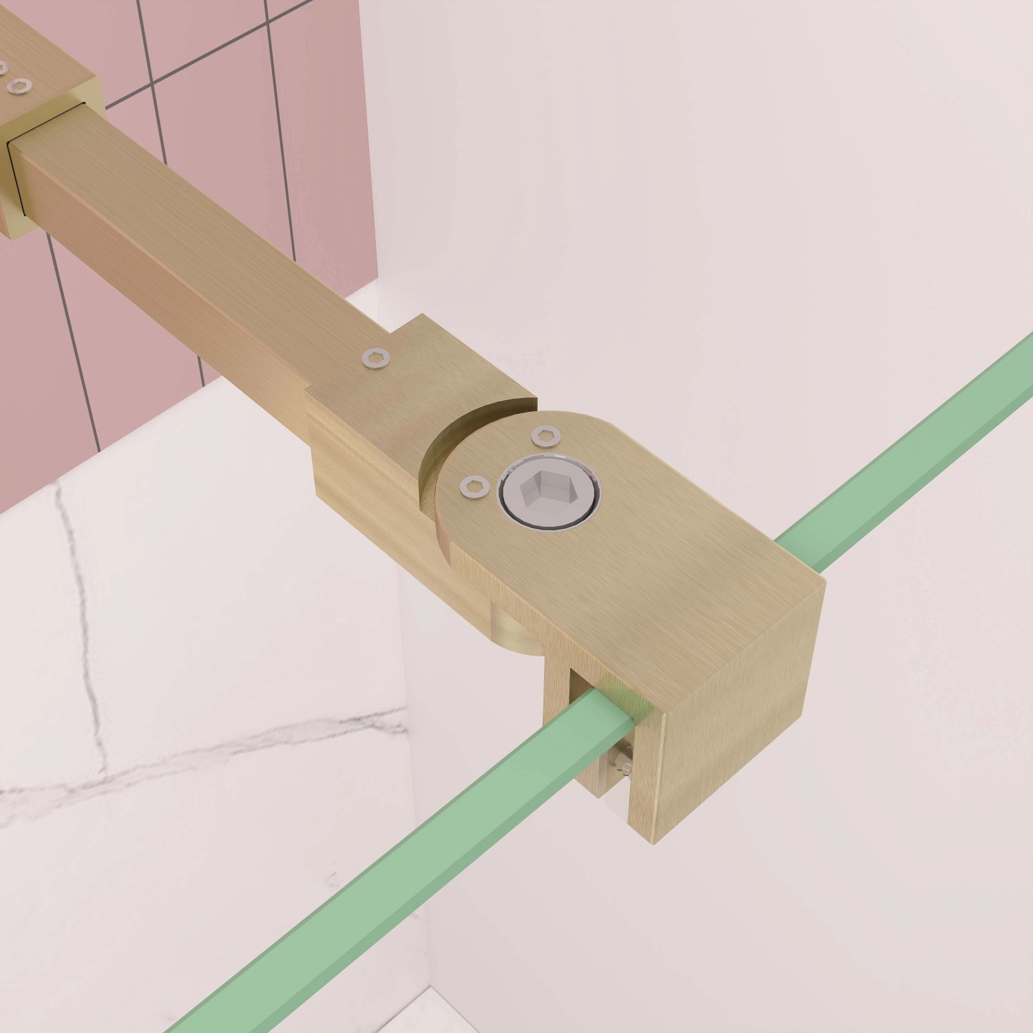 Detailaufnahme: Goldene Stabilisierungsstange einer AICA Walk-In Dusche mit Glaswand.