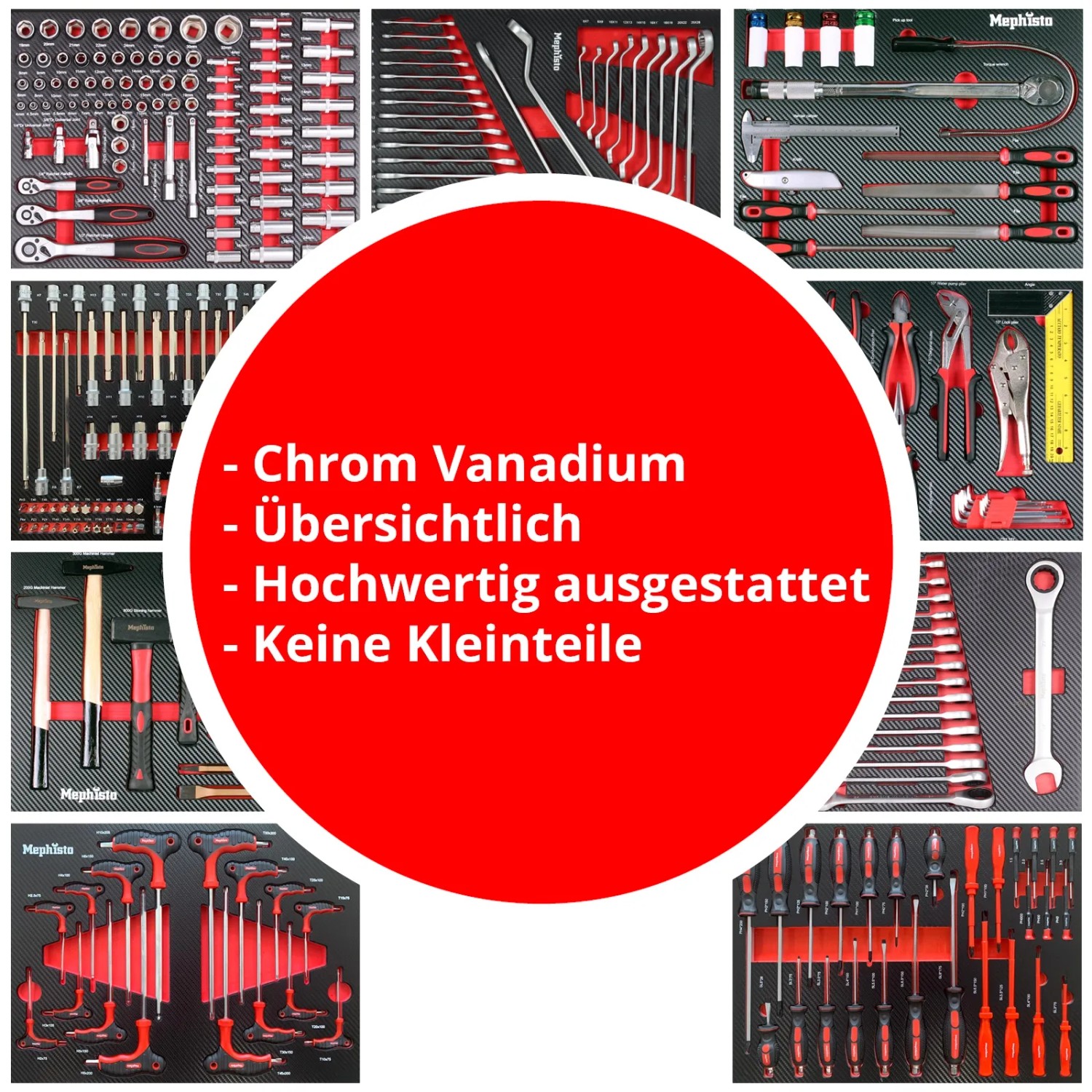 Mephisto Werkzeugwagen XXL mit Werkzeug-Set: Sortiment an Schraubenschlüsseln, Zangen und Schraubendrehern.