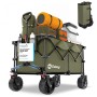 Sekey XXL Bollerwagen, faltbar, grün, mit Campingausrüstung beladen. Kompakte Faltversion im Hintergrund.