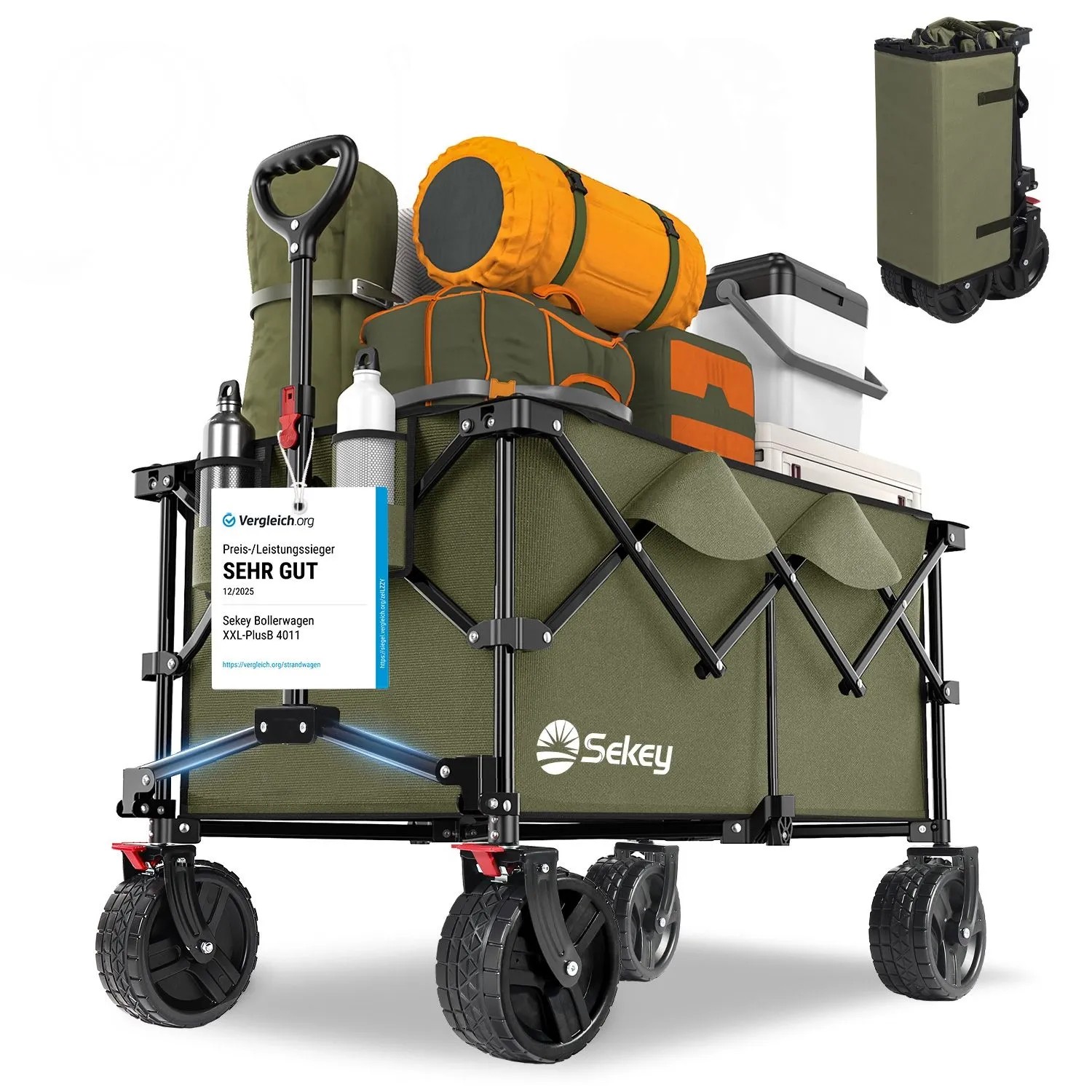 Sekey XXL Plus Bollerwagen Faltbar 200L 200KG mit Bremsen und Extra Breiten Rädern Olivgrün