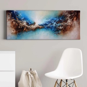 Abstraktes Leinwandbild in Blau und Braun, modernes Wandbild mit Weltraum-Motiv.