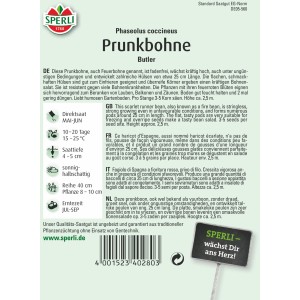 Samenpackung Sperli Prunkbohne Butler, fadenlose Feuerbohne für Beet und Rankhilfe.