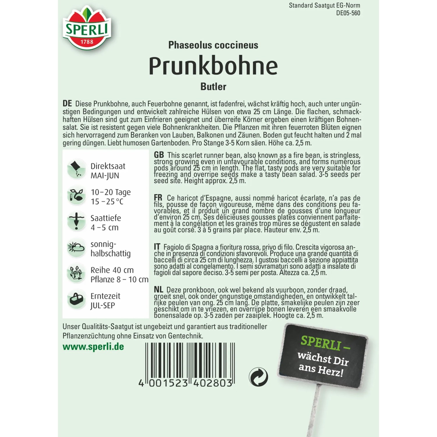Samenpackung Sperli Prunkbohne Butler, fadenlose Feuerbohne für Beet und Rankhilfe.