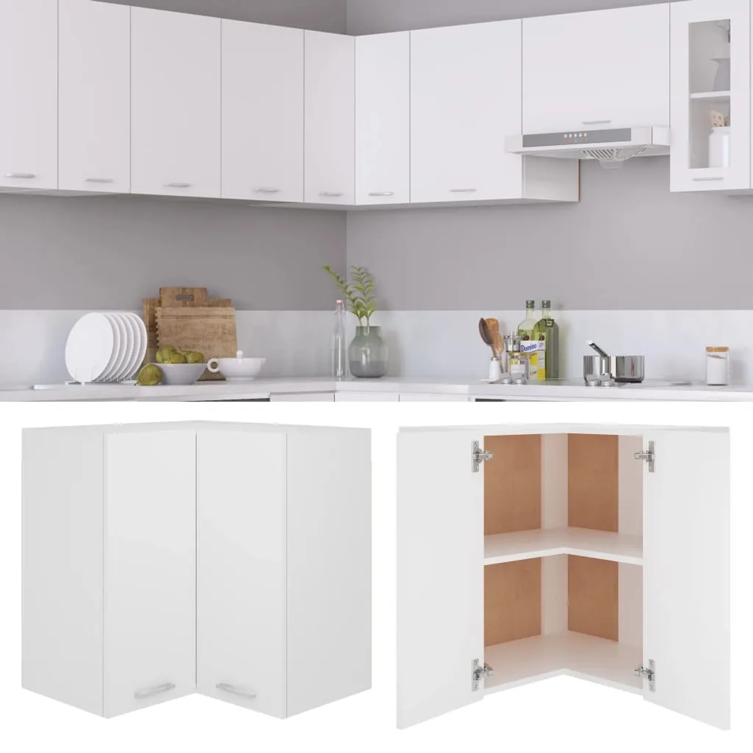 Weißer vidaXL Eckhängeschrank (57x57x60 cm) aus Holzwerkstoff für die Küche.
