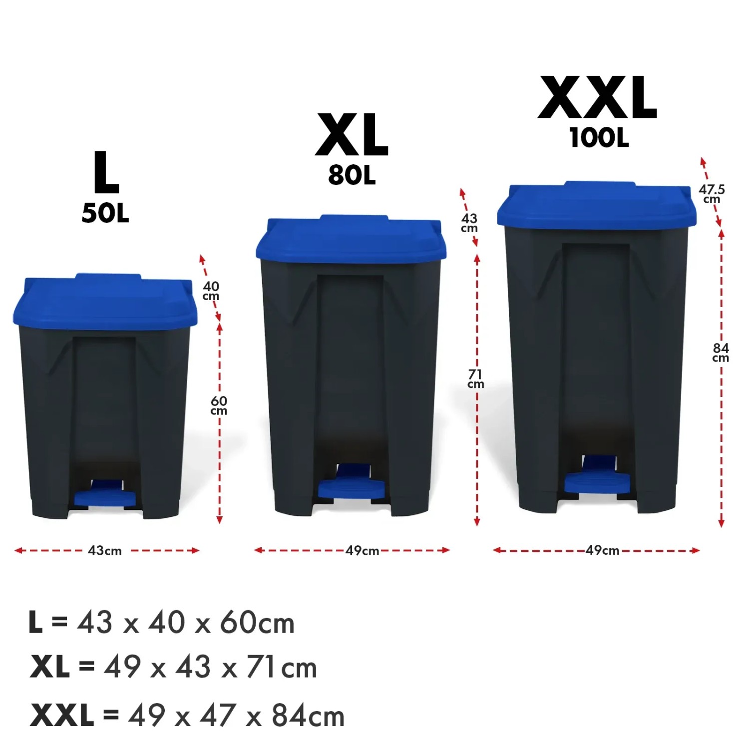KARAT Mülleimer Olaf in verschiedenen Größen (50L, 80L, 100L) mit blauem Deckel und Fußpedal.