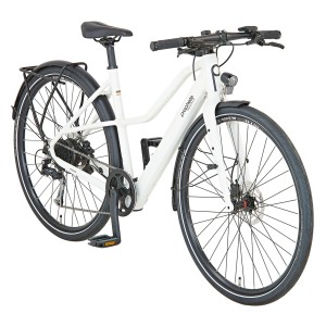 Prophete Urbanicer 2.0 Damen E-Bike in Kreide Matt mit Gepäckträger und Trapezrahmen.