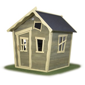 EXIT Crooky 100 Holzspielhaus in Graubeige mit schiefen Wänden und schwarzem Dach.