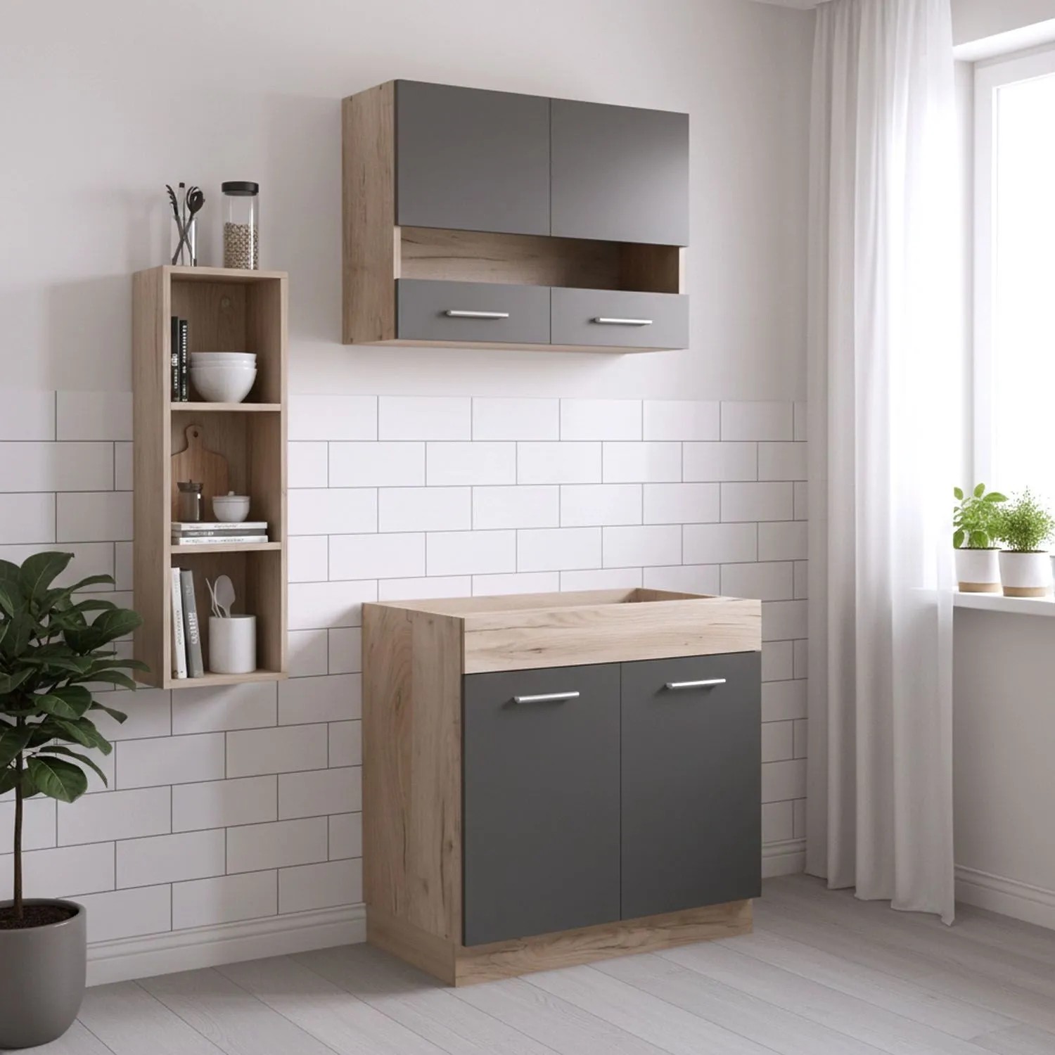 Homestyle4u Küchenzeile ohne Geräte 80x180x51 cm in Eiche Grau 2324