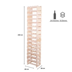 PROREGAL Weinregal VINOTECA FLEX PRO aus massivem, unbehandeltem Kiefernholz für 64 Flaschen auf 16 Ebenen, 219x46x28cm.