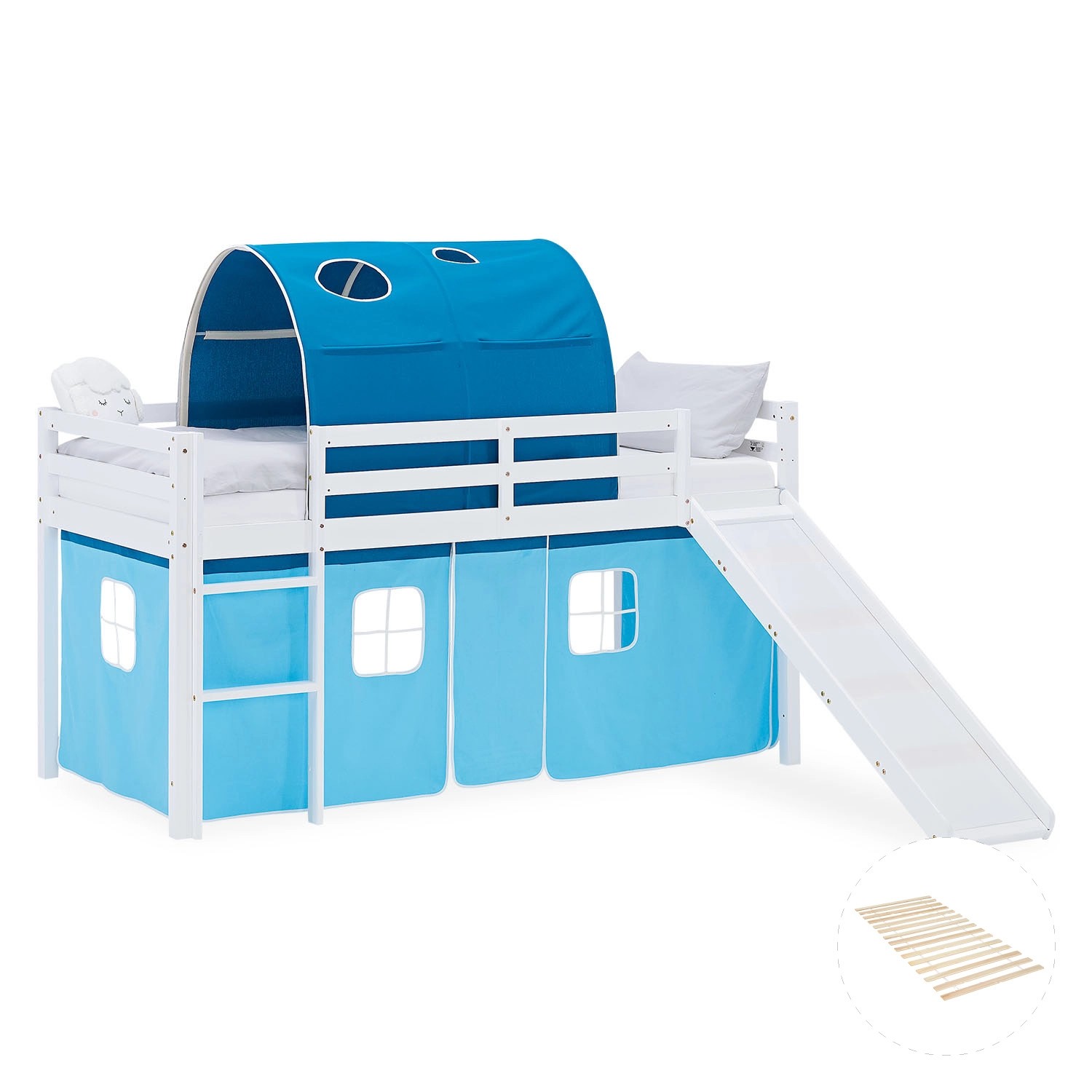 Homestyle4u Kinder Hochbett 90x200 Rutsche Vorhang Tunnel Blau Kinderbett Weiß 2994