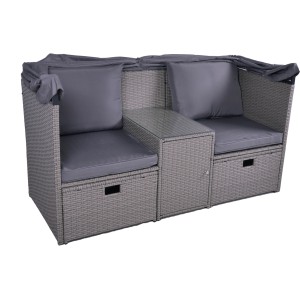 Anthrazitfarbene Garden Pleasure Relax-Lounge Saint-Tropez mit Sonnendach, Tisch und Hockern.