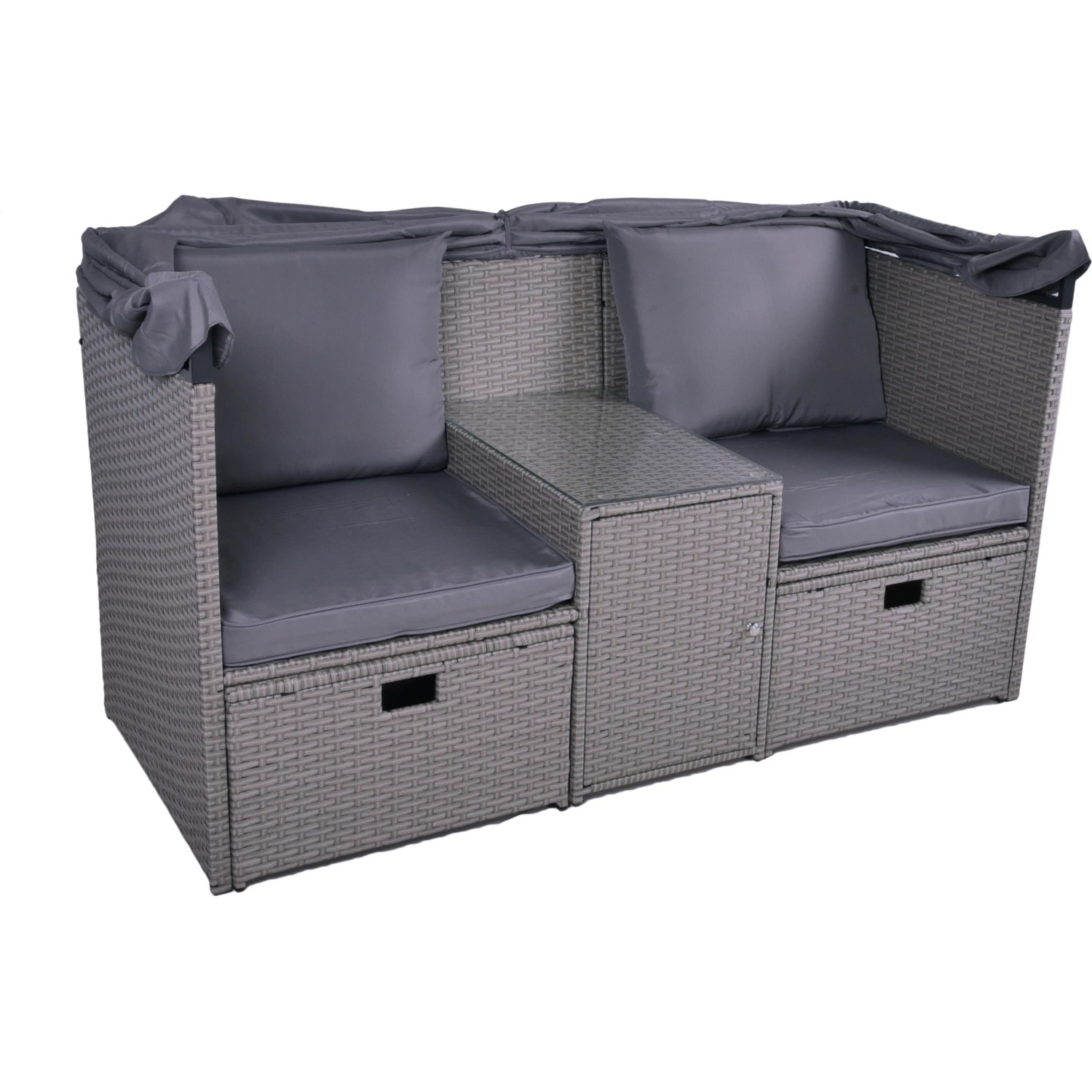 Anthrazitfarbene Garden Pleasure Relax-Lounge Saint-Tropez mit Sonnendach, Tisch und Hockern.
