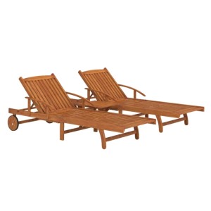 2-tlg. Sonnenliegen-Set mit Tisch aus Akazienholz. Gartenliegen mit Rollen, geölt.
