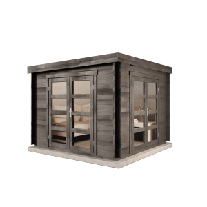 Graues Alpholz Gartenhaus Set Paloma Beach mit Doppeltür und Fenster