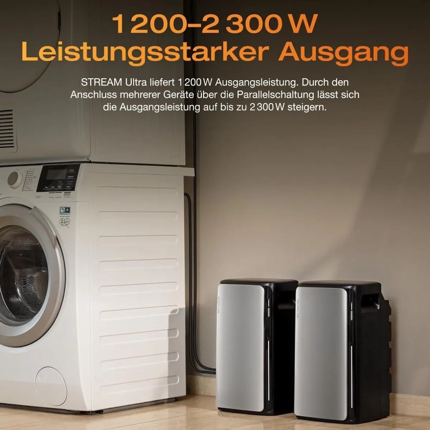 EcoFlow Stream Ultra Speicher neben Waschmaschine. Balkonkraftwerk-Set mit 1,92 kWh.