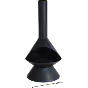 Schwarzer Terrassenkamin (H 128 cm) aus Metall für gemütliche Abende im Freien.