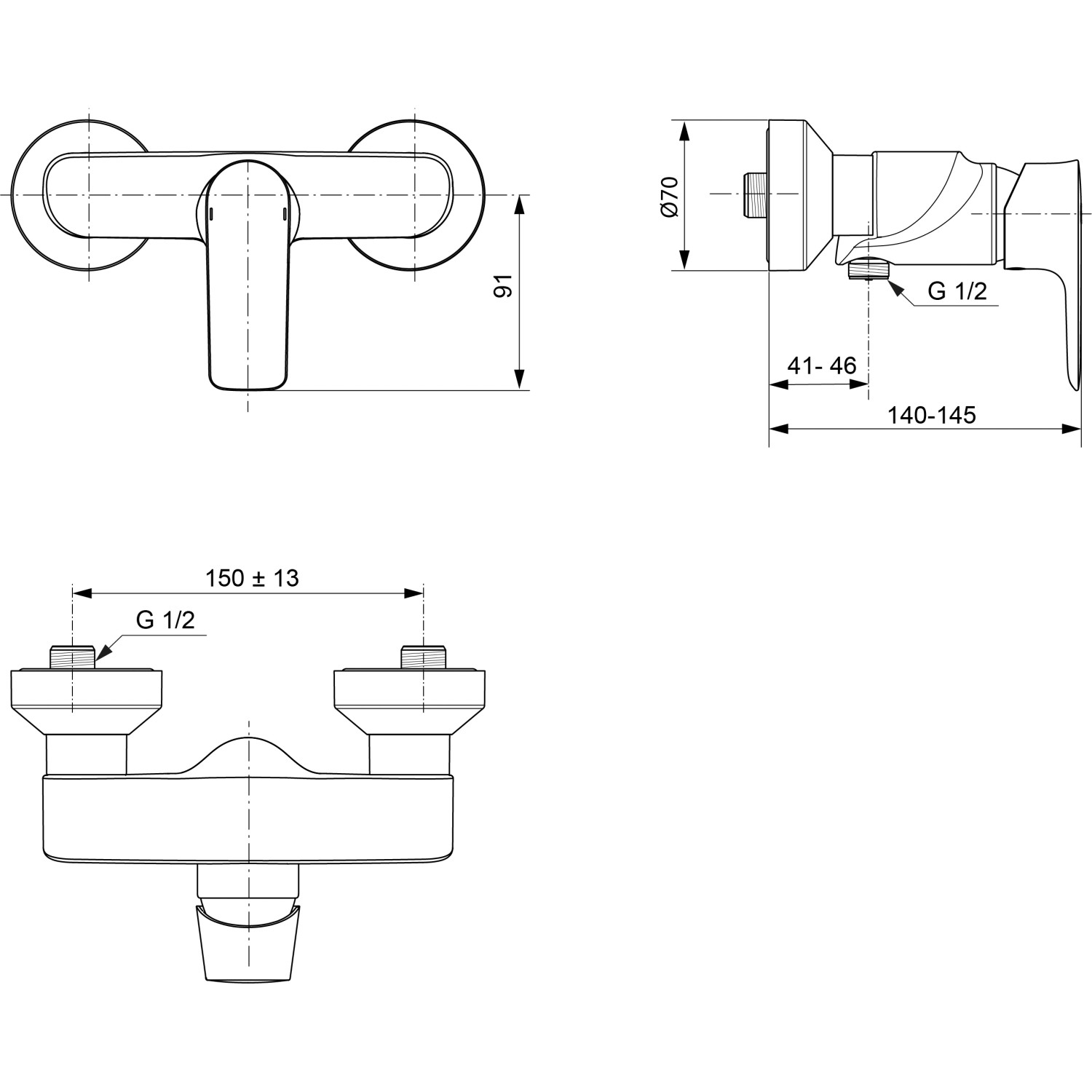 Technische Zeichnung: Ideal Standard Connect Air Brausearmatur Aufputz in Grau mit Maßangaben.