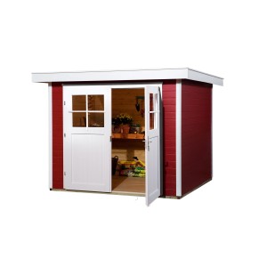 Weka Gartenhaus 227, Flachdach, schwedenrot, Doppeltür geöffnet, Innenraum mit Gartenzubehör sichtbar.