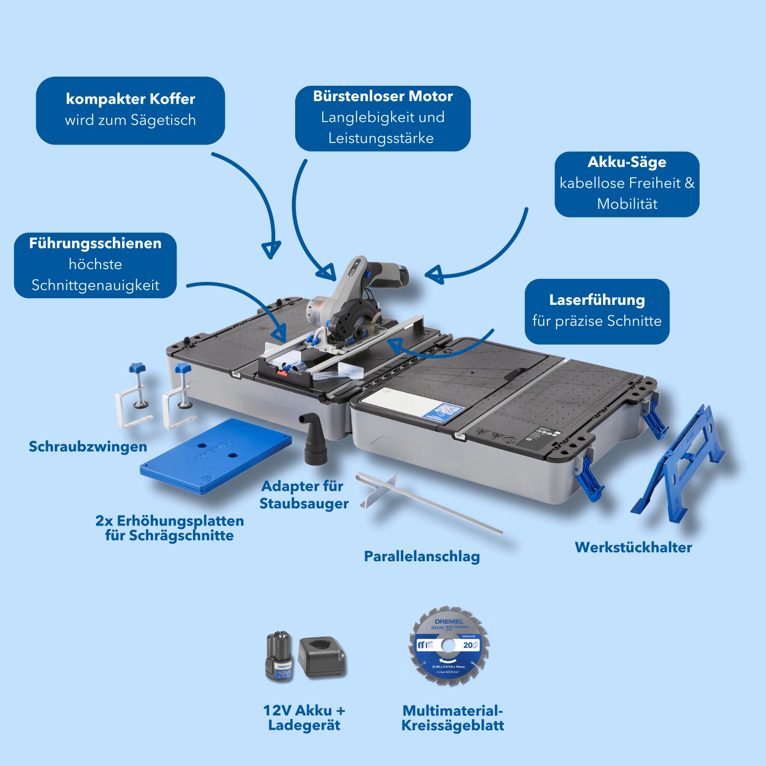 Dremel Kreissäge CS12V-S1C mit Sägetisch-Koffer und Zubehör. Kompakte Zug-, Kapp- & Gehrungssäge.