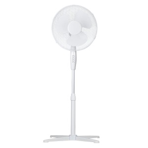 Weißer Standventilator, Ø 40 cm, mit drei Geschwindigkeitsstufen und verstellbarer Höhe.