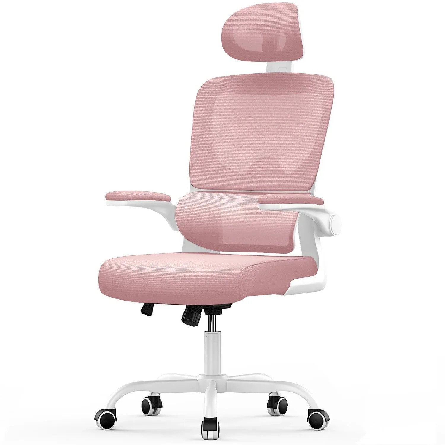 Rattantree Ergonomischer Drehstuhl mit Wippfunktion und Höhenverstellung Kopf und Klapparmlehnen Pink