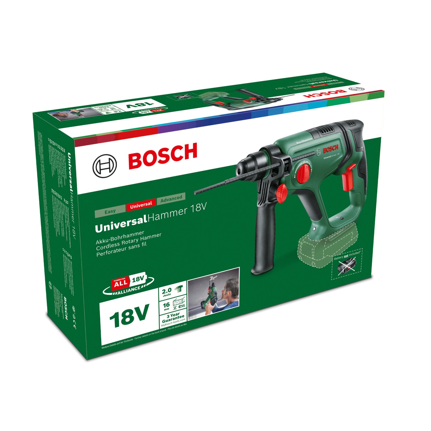 Bosch Akku-Bohrhammer UniversalHammer 18V im Karton. Der Bohrhammer ist grün und schwarz.