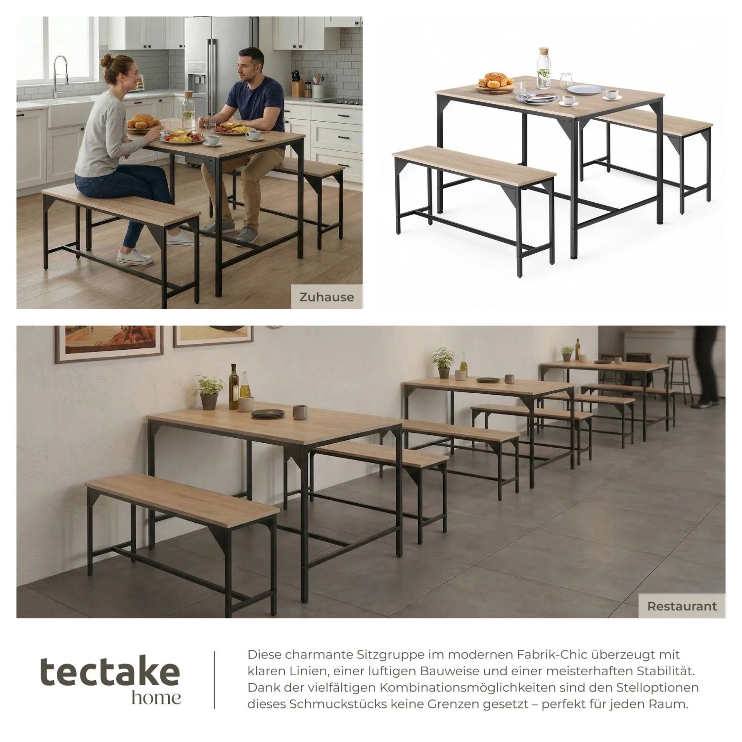 Tectake Sitzgruppe Bolton 3 Teilig Esstisch Mit 2 Sitzbänken 100 x 130 x 75 cm Industrial Holz Hell Eiche Sonoma_7