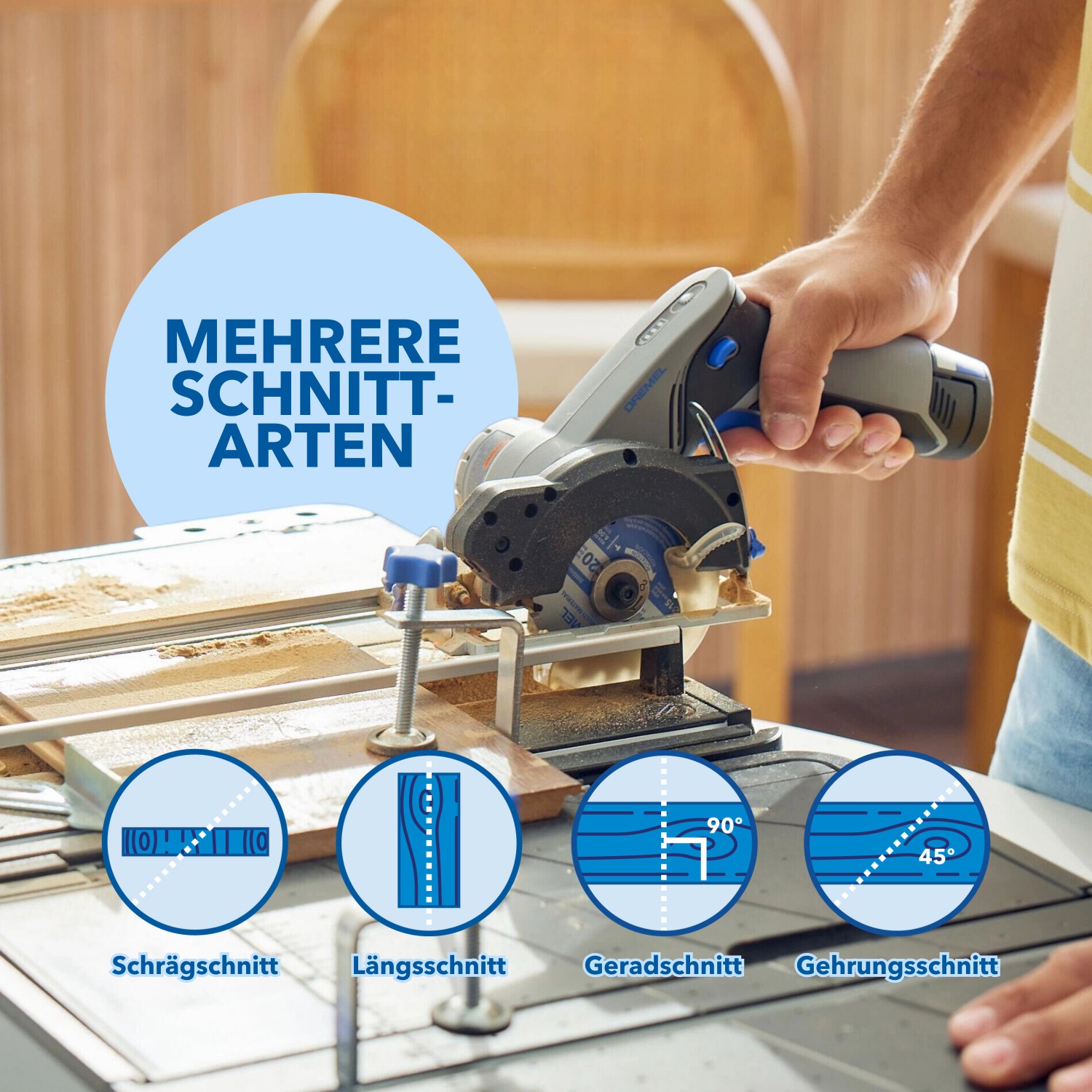 Dremel Kreissäge CS12V-S1C mit Sägetisch-Koffer für präzise Schnitte in Holz und mehr.