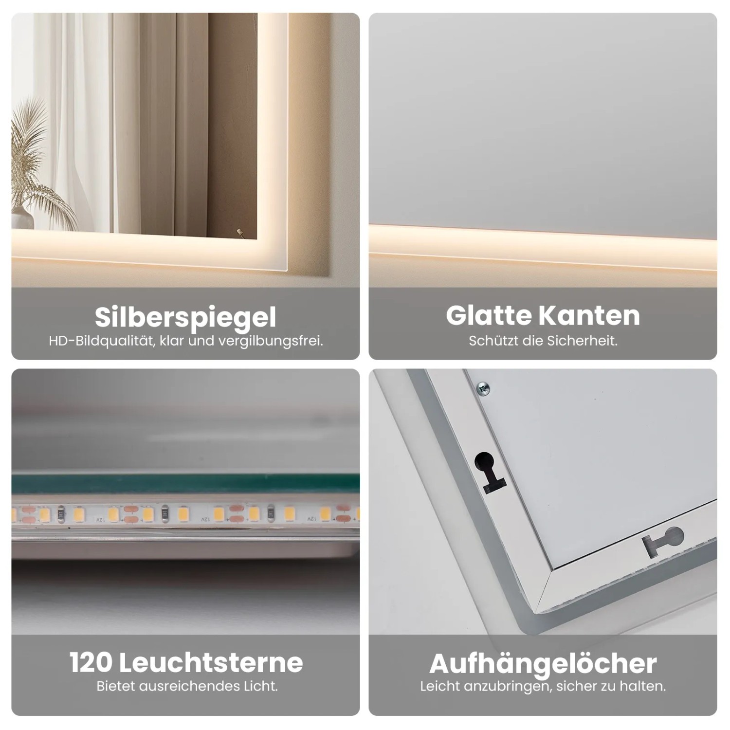 Emke Badspiegel 120x60cm mit LED Beleuchtung und Touchschalter für Kaltweiß Licht.