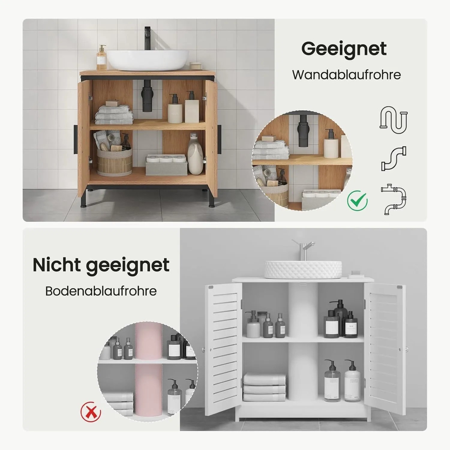 Waschbeckenunterschrank 60x60x30 cm in Holzoptik, offen, mit Stauraum. Zeigt Eignung für Wandablaufrohre, nicht für Bodenablaufrohre.