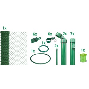 Maschendrahtzaun-Set grün zum Einbetonieren, 1,75x15m, mit Zaunpfosten, Draht, Streben und Zubehör.
