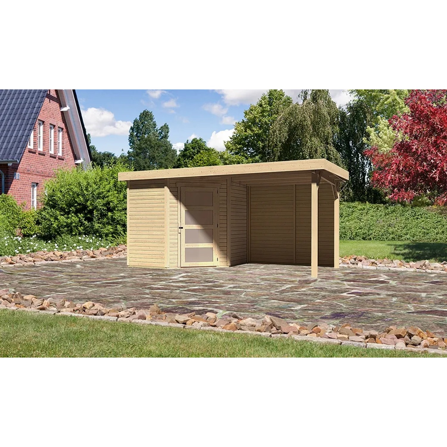 Karibu Holz-Gartenhaus Linköbing mit Flachdach und Anbau, unbehandelt.