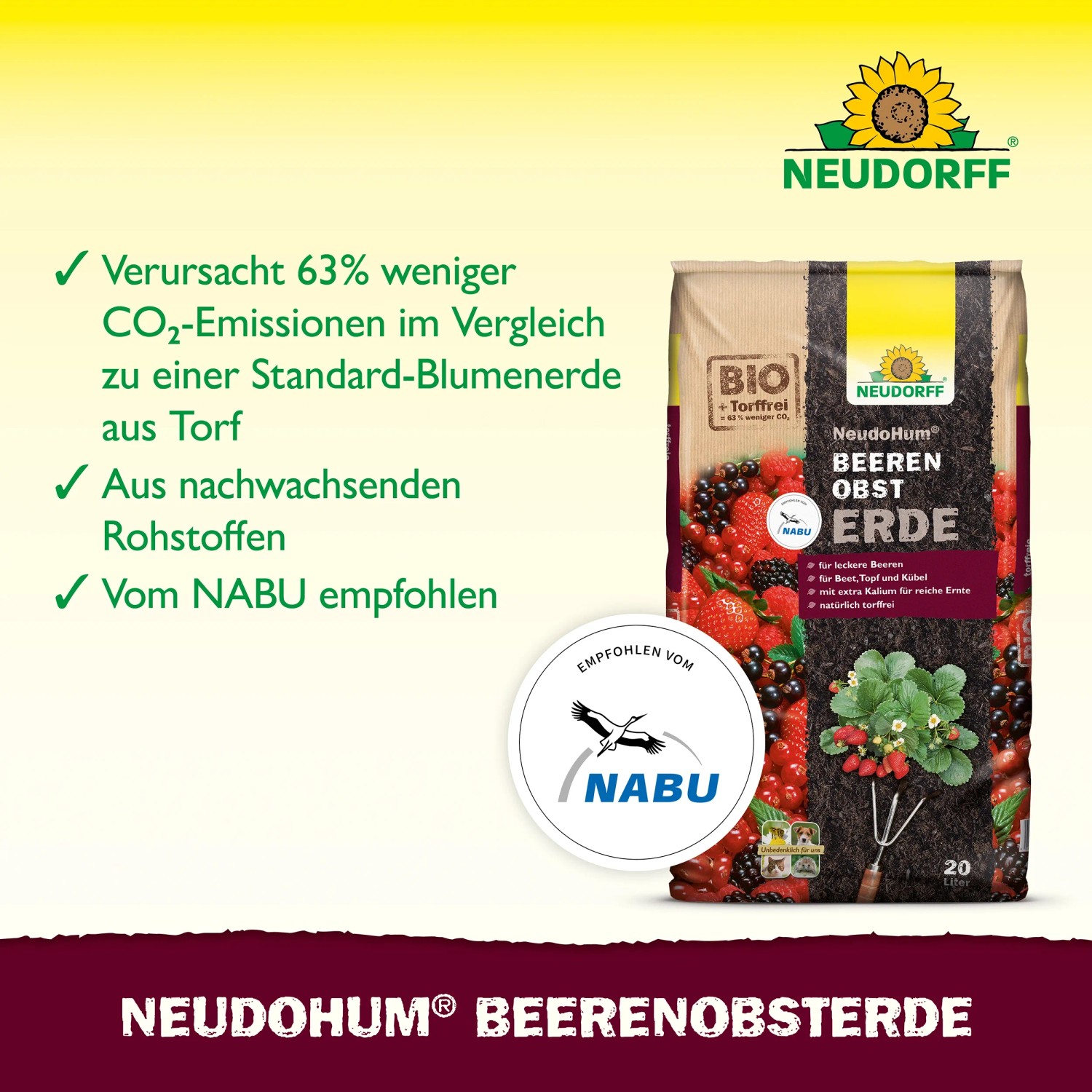 Neudorff Neudohum Beerenobst-Erde im 20L Sack, torffrei und mit Nährstoffen für Beeren.