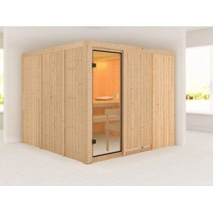 Karibu Innensauna Celine aus hellem Holz mit Glastür, Bänken und warmer Beleuchtung, in modernem Raum.